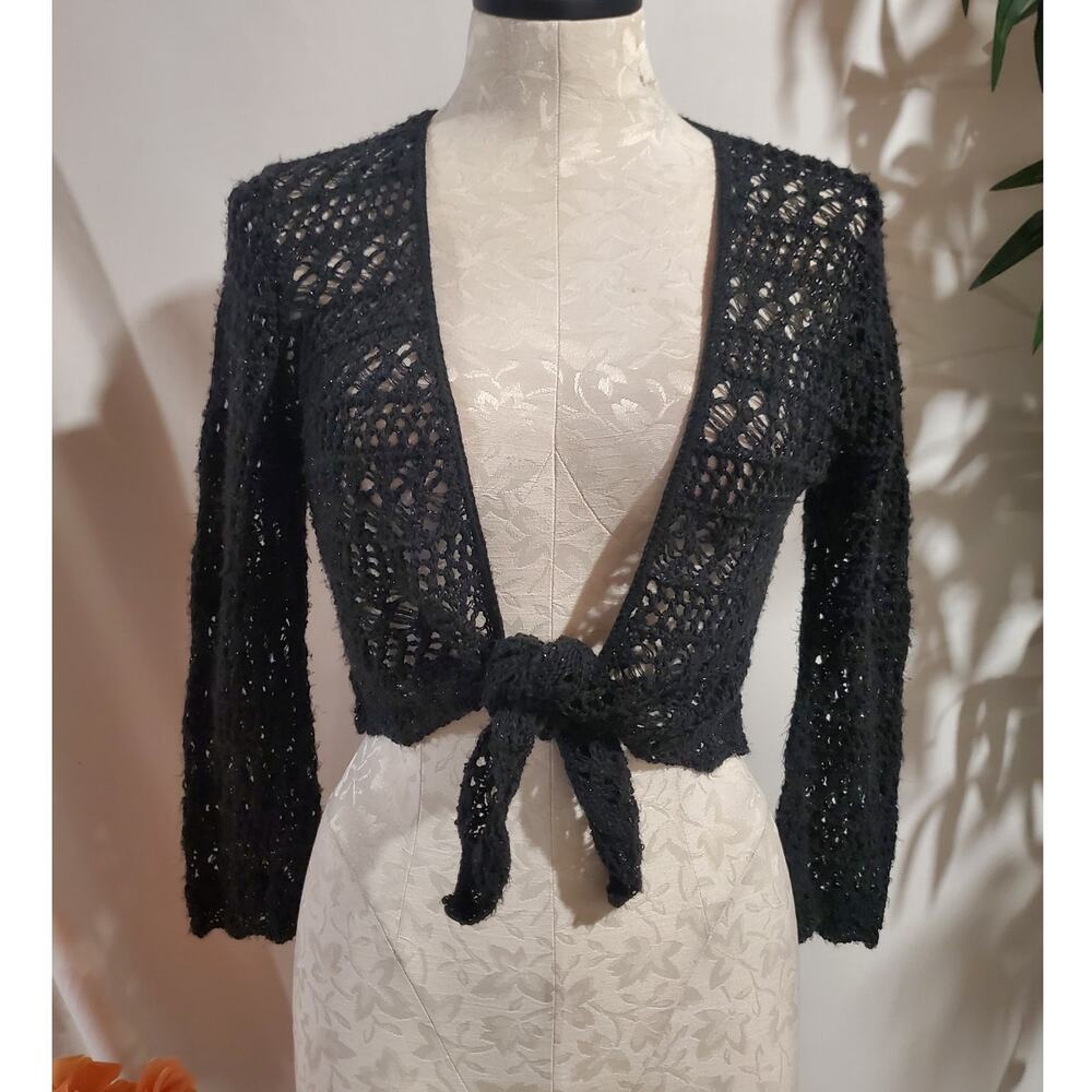 Vintage It's Our Time 90s Y2K Crochet Sparkle Tie Front Cardigan Sz L Whimsigoth